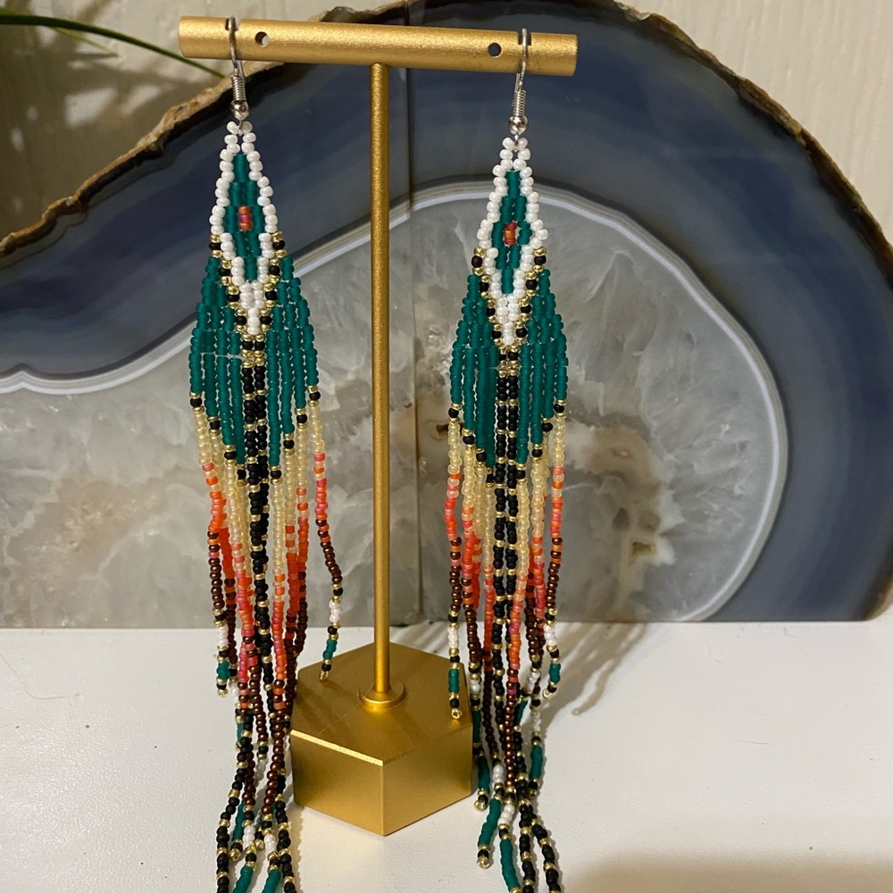 Elegant Beaded Dangle Earrings with Teal and Orange Accents